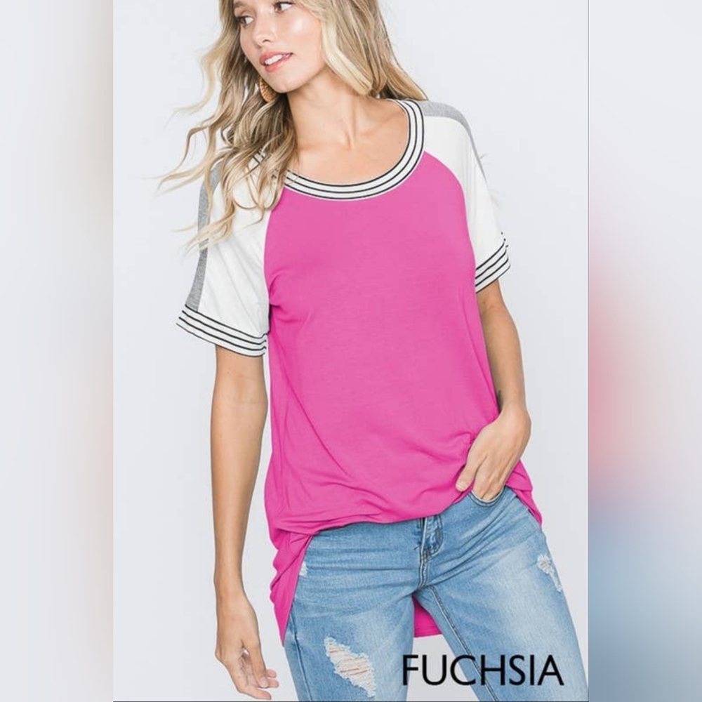 Heimish solid and striped short sleeve Fuchsia top